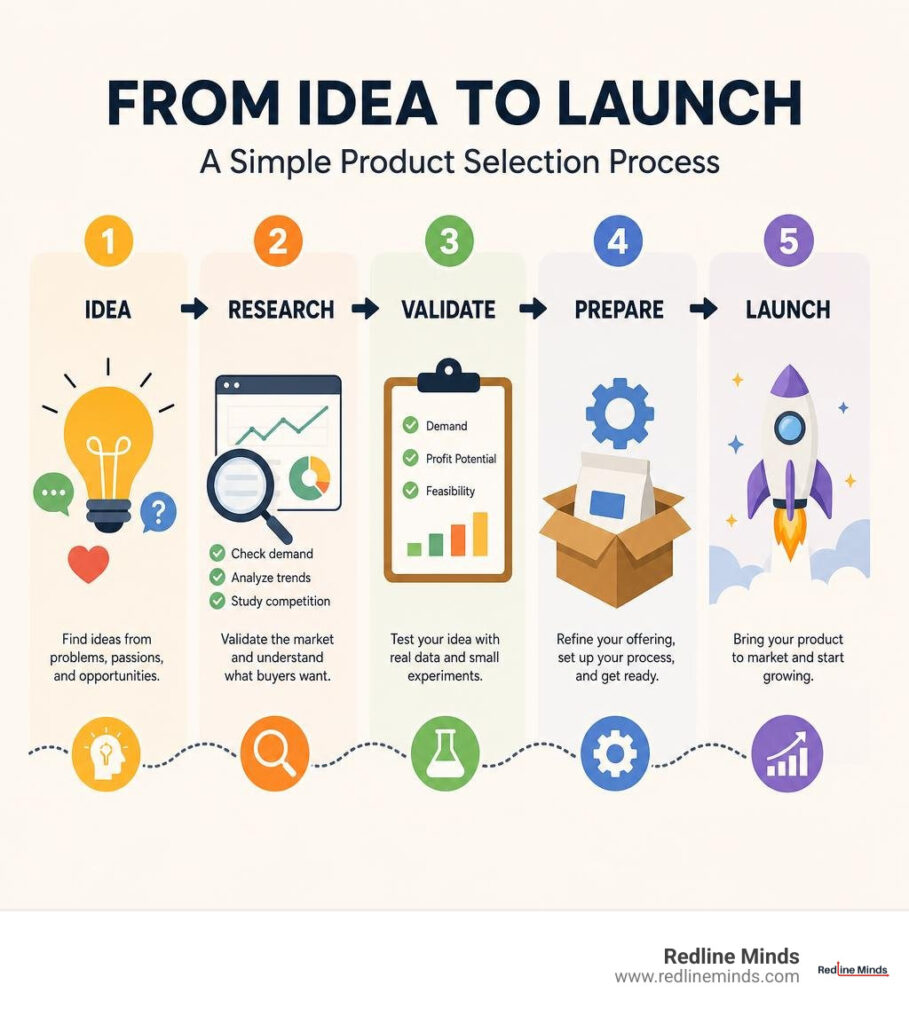 infographic showing a step-by-step product selection process from idea to validation to launch infographic