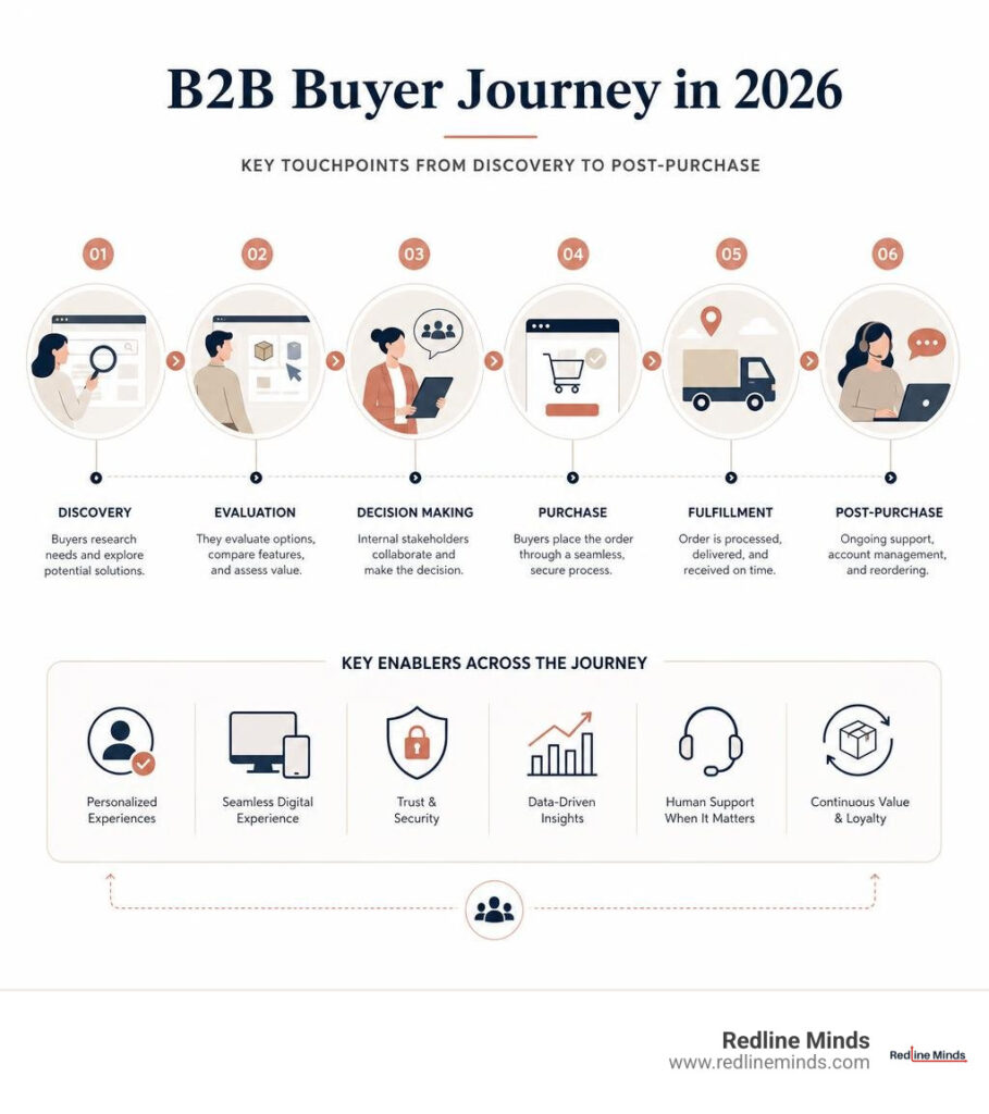 B2B buyer journey in 2026 showing key touchpoints from discovery to post-purchase infographic