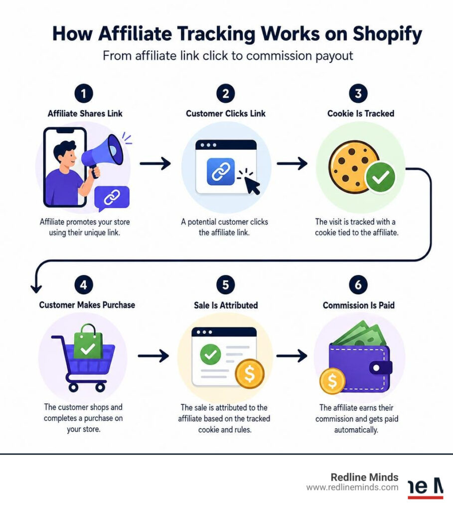 How affiliate tracking works on Shopify: from affiliate link click to commission payout infographic