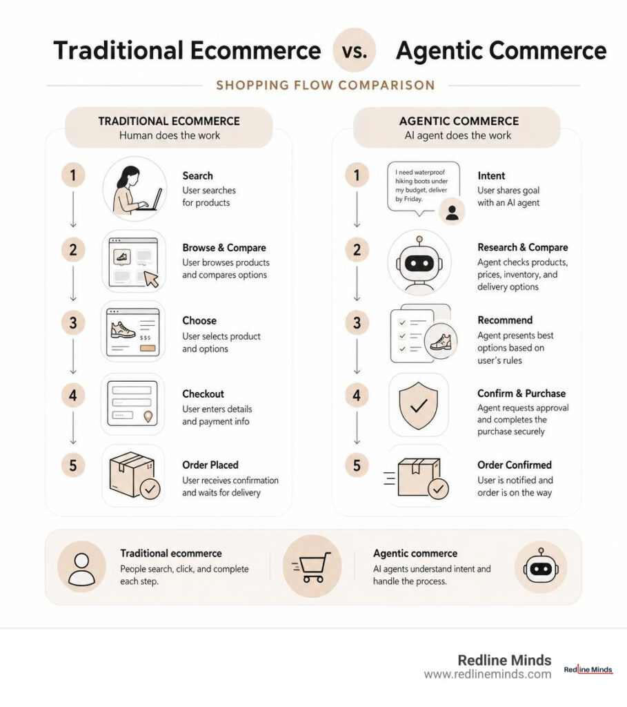 Traditional ecommerce compared with agentic commerce shopping flow infographic