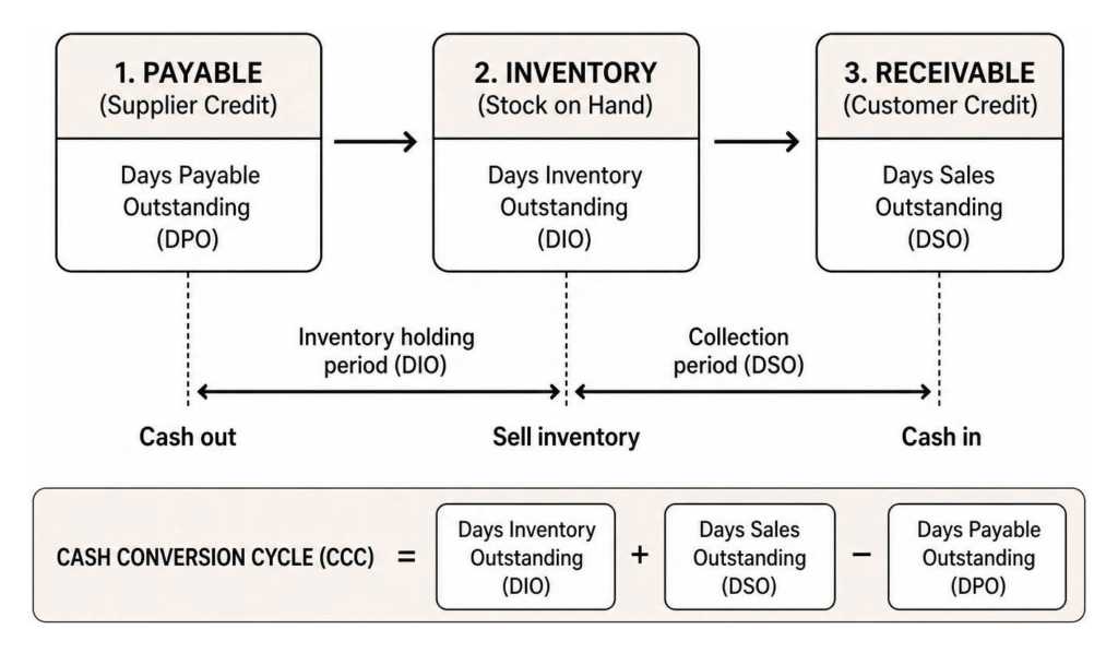 Cash conversion cycle components from payable to cash collection