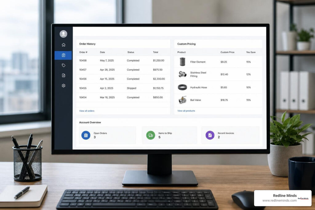 B2B customer portal dashboard showing order history and custom pricing