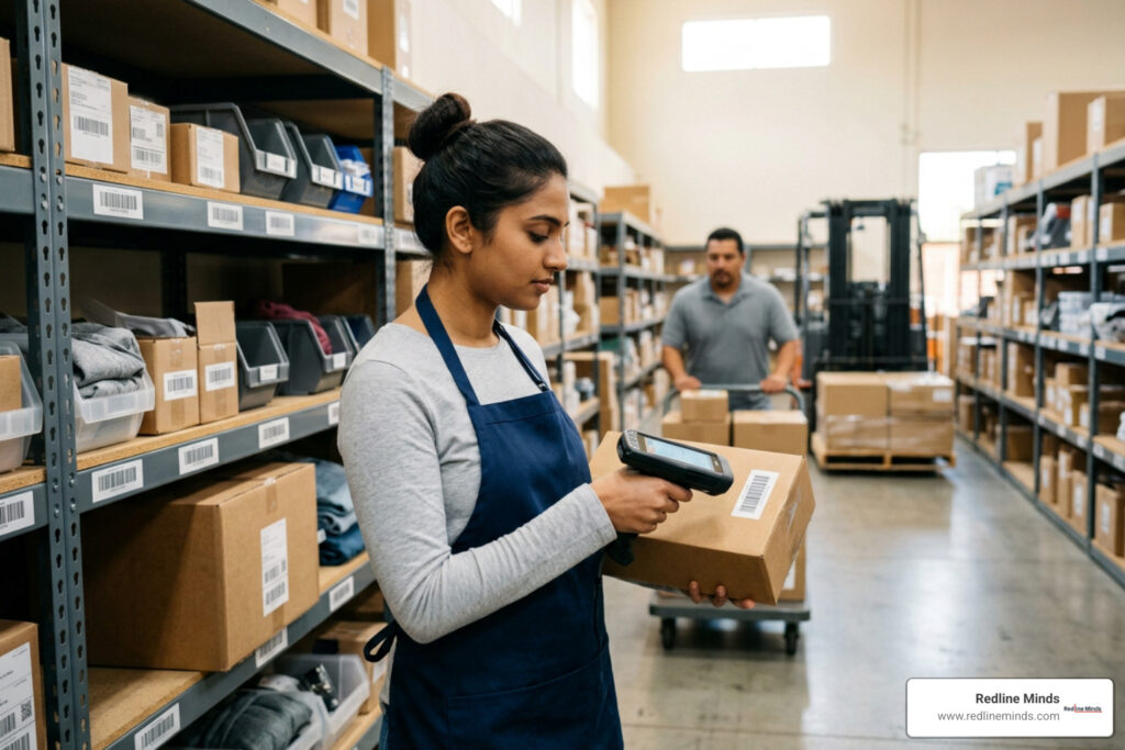Modern warehouse worker using barcode scanner to audit inventory