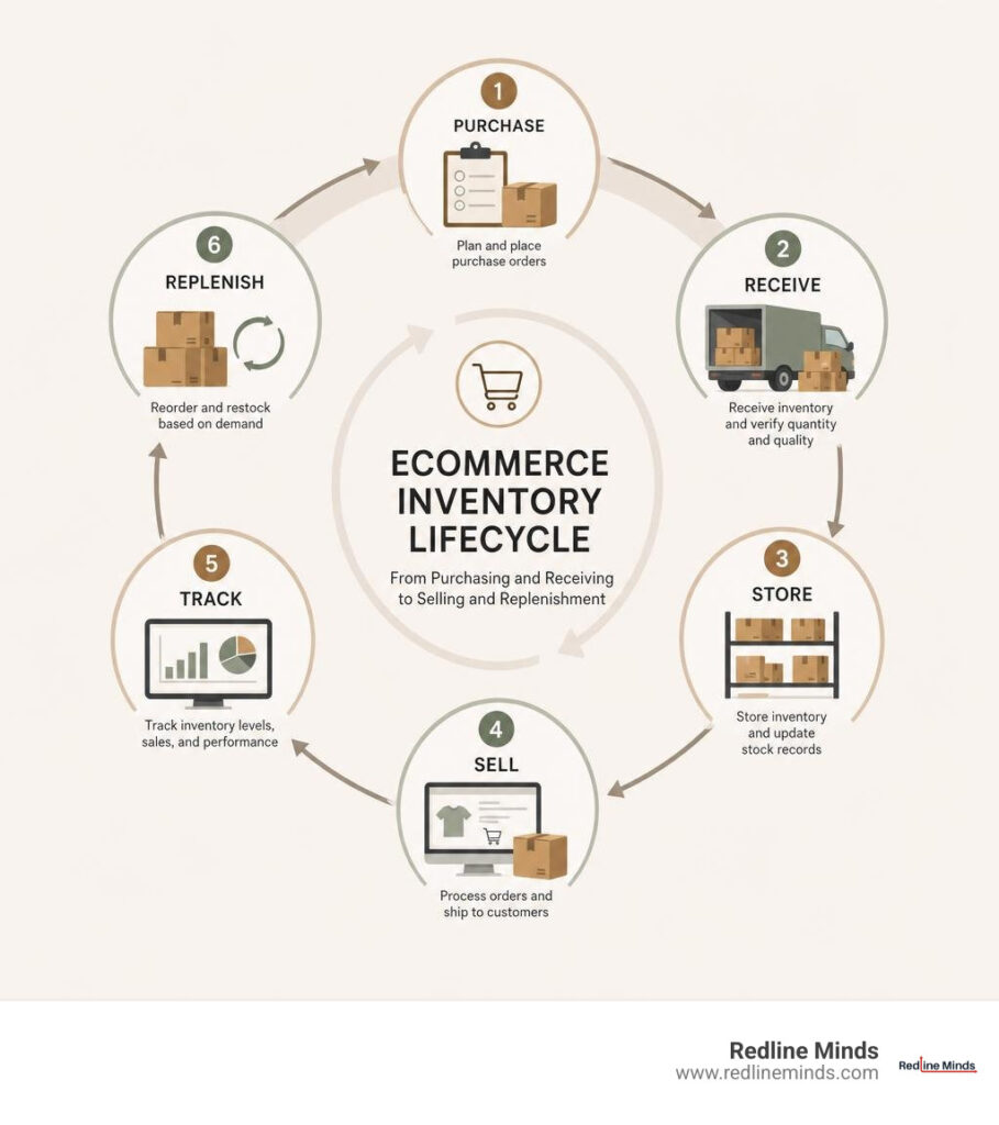 Ecommerce inventory lifecycle from purchasing and receiving to selling and replenishment infographic
